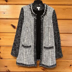 Chicos Black Ivory Silver Tweed Studded Open Front Woven Longer Jacket 2 Large L